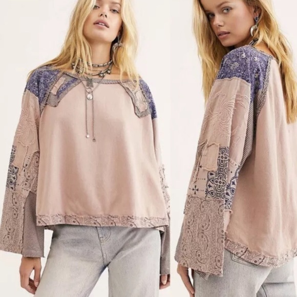 Bohemian Patchwork Top in Beige and Blue - Picture 1 of 15